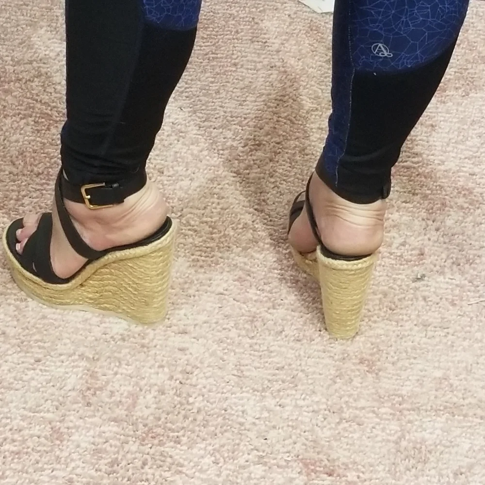 PRICE DROP-YSL Yves Saint Laurent Espadrille Wedge Black Leather Sandal
